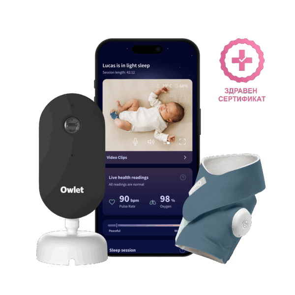 Owlet Dream Duo™ (Трето поколение) - Owlet Dream Sock – Умен чорап 0-18 месеца (цвят Bedtime Blue) + Owlet Dream Sight